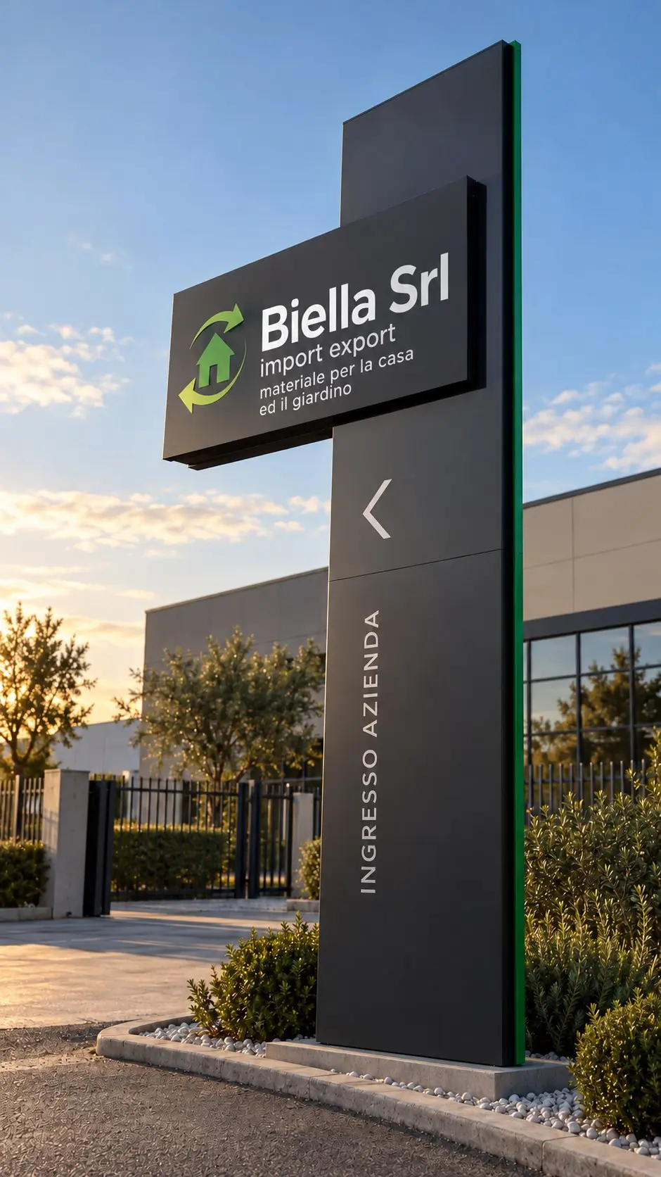 Rendering di progetto: totem a bandiera con direzione all'ingresso di un'azienda