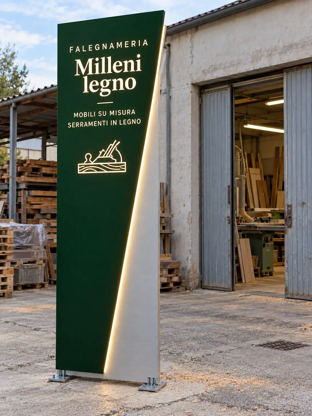 Rendering di progetto: totem con luce di taglio all'ingresso di un'azienda