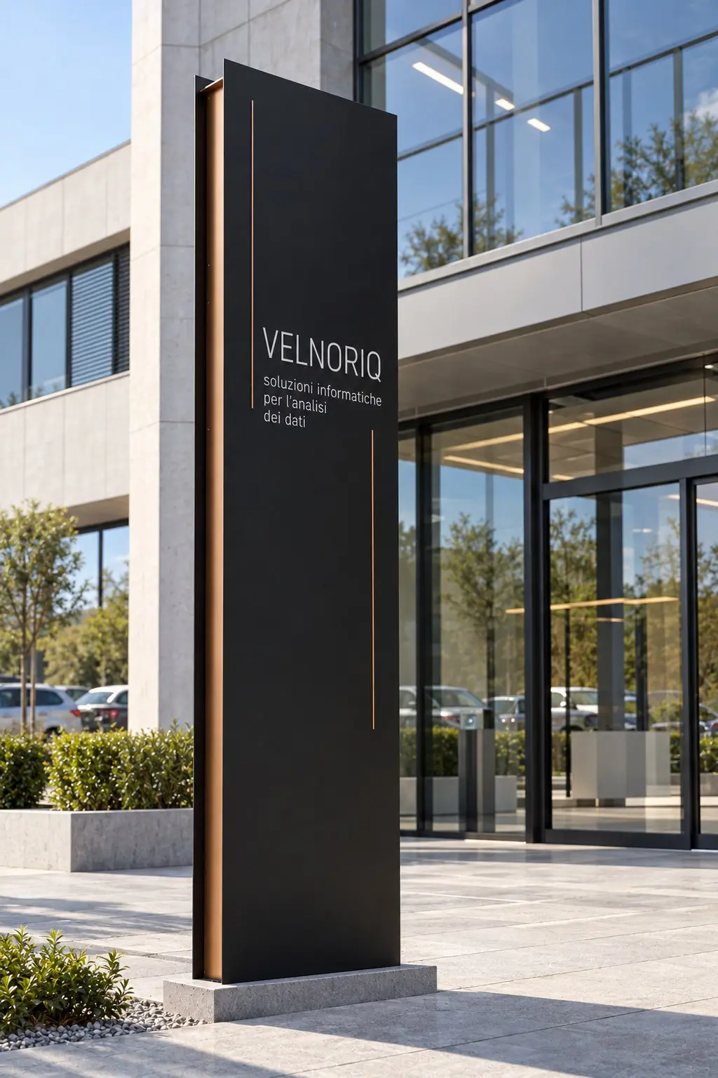 Rendering di progetto: totem monolite essenziale all'ingresso di un'azienda